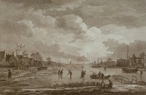 Winter, golf op ijs, kopergravure door Van Drever, ca. 1753